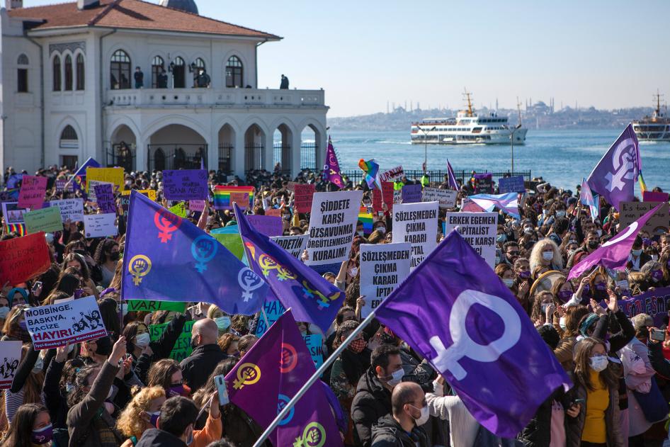 People gathered in Istanbul in March 2021 to protest Turkish President Recep Tayyip Erdoğan's decision to withdraw from the Istanbul Convention, a treaty designed to safeguard women from gender-based violence. 