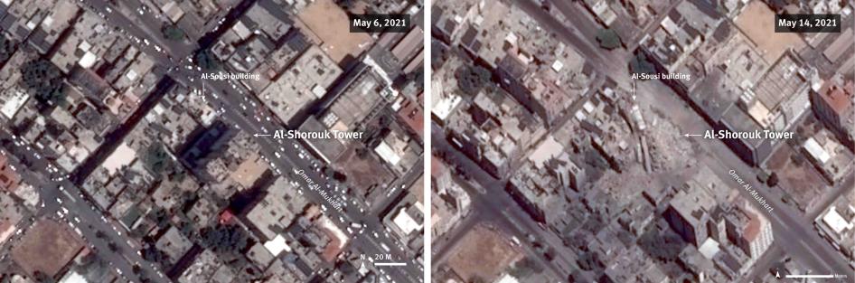 Before and after satellite imagery illustrates the attack which completely destroyed al-Shorouk tower