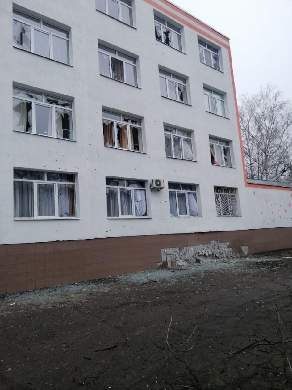 Damage from a cluster munition attack outside the Central City Hospital in Vuhledar on February 25, 2022.