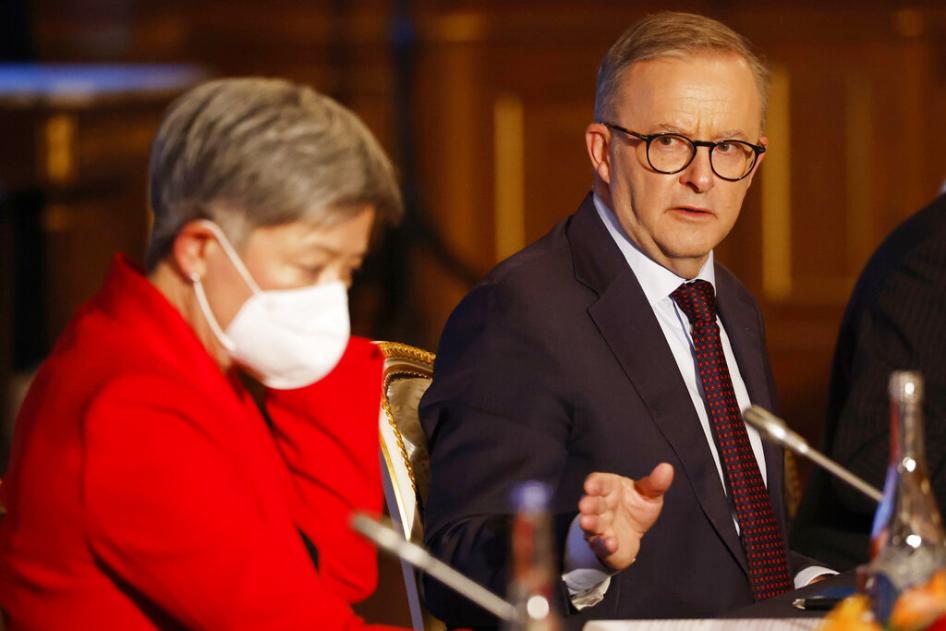 Australian Prime Minister Anthony Albanese, flanked by Foreign Minister Penny Wong