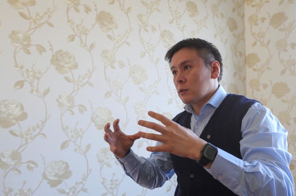 Kazakh opposition politician Zhanbolat Mamai speaks during an interview in Almaty, Kazakhstan.