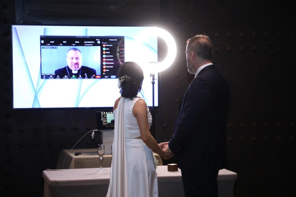 Khalil Rizkallah and Nada Nehme during their online civil marriage ceremony in Lebanon.