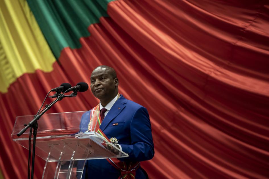 Central African Republic President Faustin-Archange Touadéra speaks at his inauguration in Bangui, March 30, 2021 
