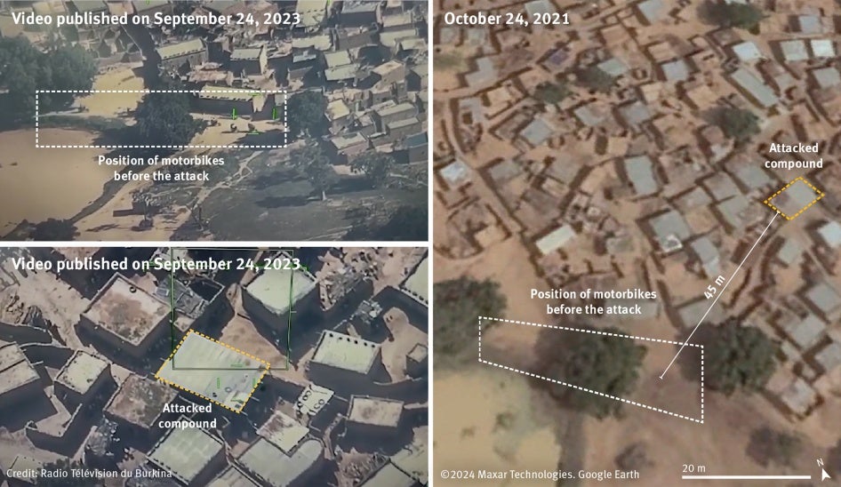 Left, two screenshots taken from a video posted on September 24, 2023 to Radiodiffusion Télévision du Burkina’s YouTube channel. It shows the activities before the strike on the compound.&nbsp;© Radiodiffusion Télévision du Burkina. Right, a satellite image shows the approximate distance between the motorbikes and the compound. Satellite image: © Maxar Technologies. Source Google Earth. Analysis and Graphics © 2024 Human Rights Watch