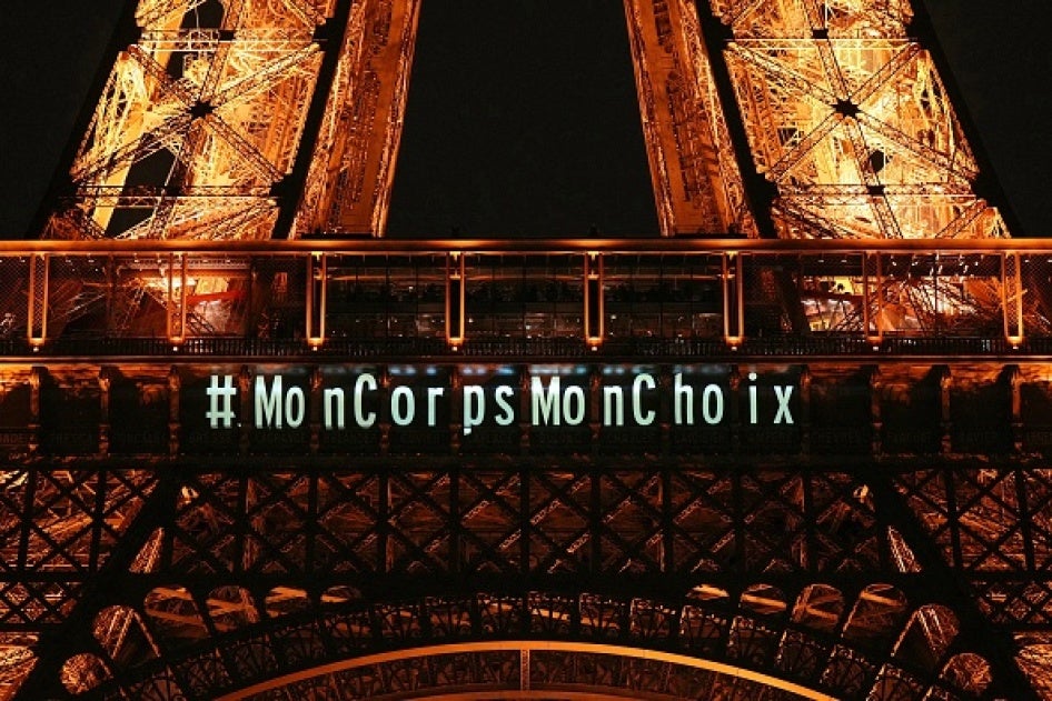 A message reading "My body my choice" is projected onto the Eiffel Tower on March 4, 2024. 