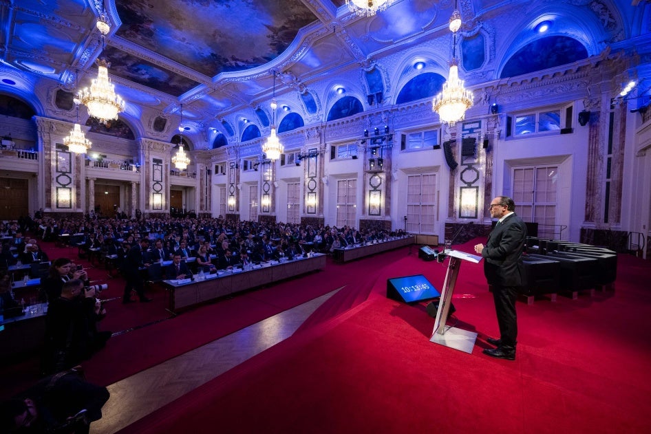 Austrian Foreign Minister Alexander Schallenberg welcomes participants to the international “Humanity at the Crossroads” conference on autonomous weapons systems, in Vienna on April 29-30, 2024 