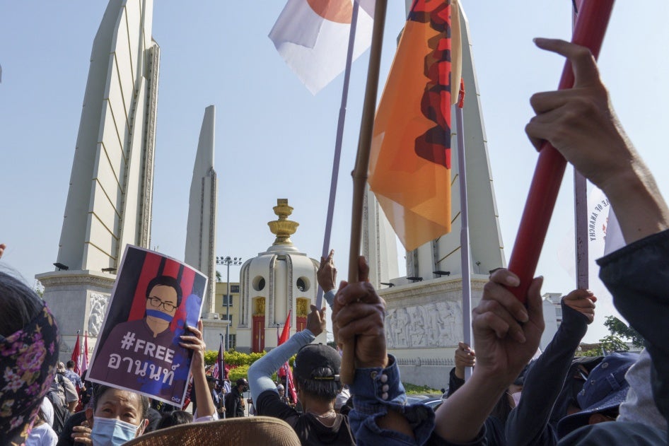 Protesters demonstrate against the detention of four democracy activists under the lese majeste (insulting the monarchy) law, Bangkok, Thailand, March 7, 2021.