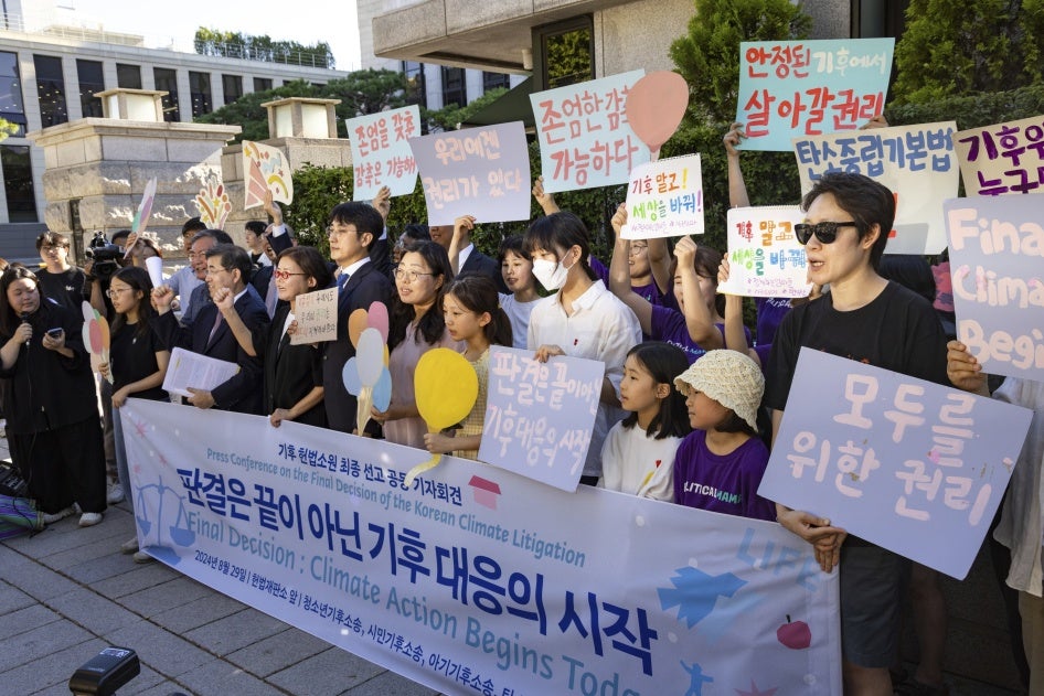 Youth climate litigants and citizen groups involved in climate lawsuits at a joint press conference in front of the Constitutional Court in Jongno-gu, Seoul, South Korea, August 29, 2024.