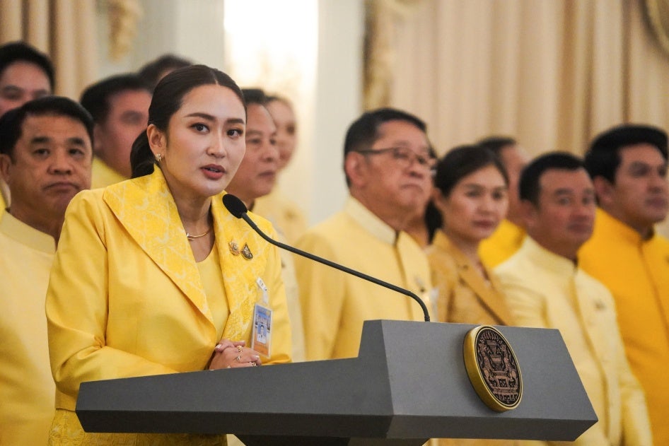 Thai Prime Minister Paetongtarn Shinawatra speaks to the media