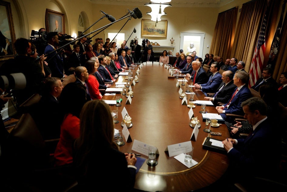 US President Donald Trump hosts his first cabinet meeting in Washington, DC, February 26, 2025.