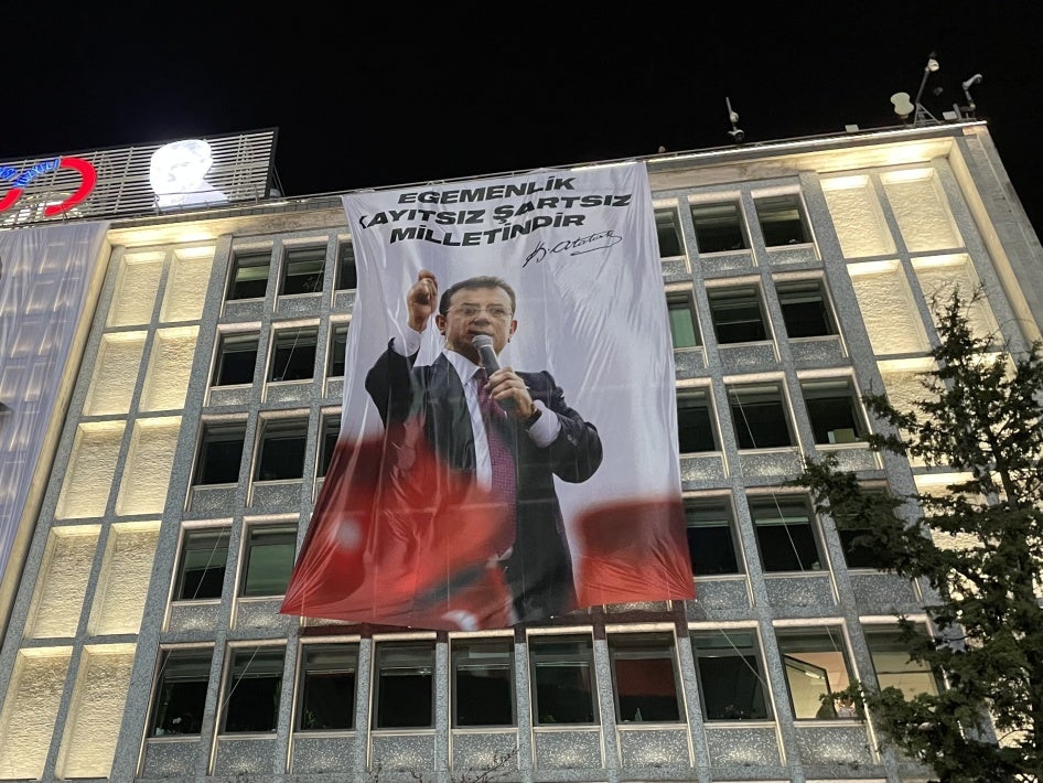 Banner on the Istanbul Municipality building shows mayor Ekrem Imamoglu, March 22, 2025. 