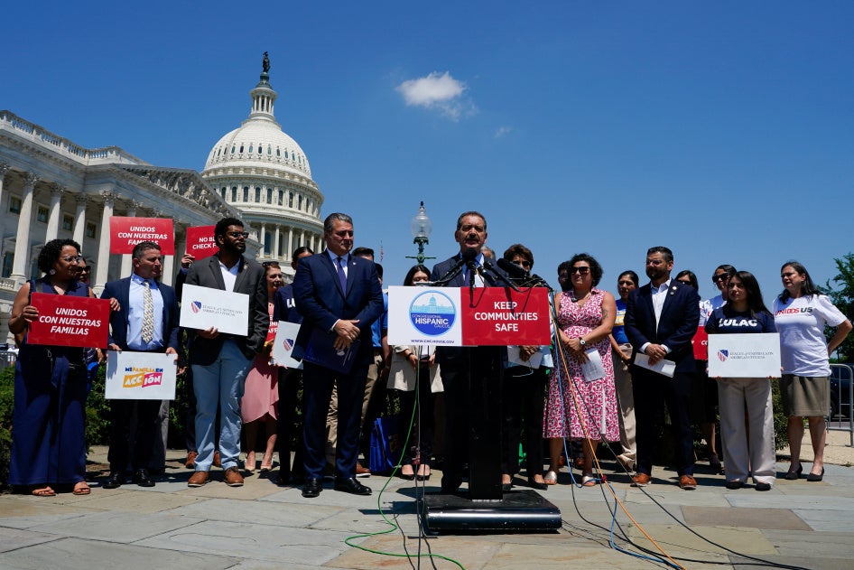 U.S. Representative Jesus "Chuy" Garcia (center) speaks in opposition to Immigration and Customs Enforcement (ICE) funding in the Republican reconciliation plan, on Capitol Hill in Washington, D.C., May 20, 2026.