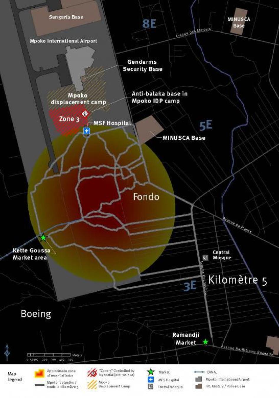 Map of the M’poko displacement camp and surrounding area.