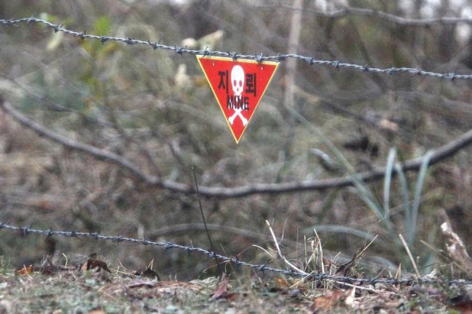 A sign indicating the presence of landmines hangs from a barbed wire fence inside the Demilitarized Zone separating North and South Korea October 27, 2010.