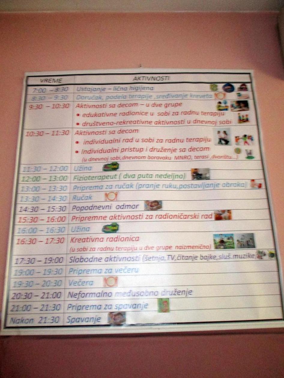 A schedule of children with disabilities in one of the institutions Human Rights Watch visited. The schedule is the same each day, with 30-minute blocks of time allotted for meals, occupational therapy, hygiene, sleep, and leisure activities. © 2015 Emina