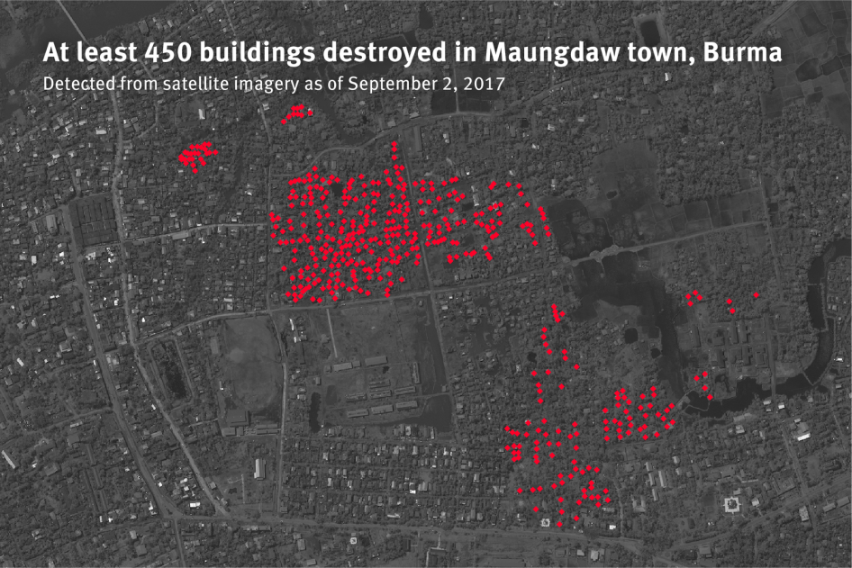 Au moins 450 bâtiments ont été&nbsp;détruits par le feu dans la ville de Maungdaw, en Birmanie – Image satellite prise le 2 septembre 2017.