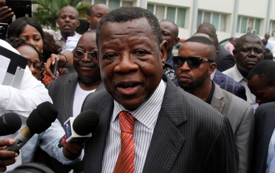 Congolese Government spokesman Lambert Mende addresses the media in Kinshasa, the Democratic Republic of Congo, December 31, 2016. The EU sanctioned Mende for being “responsible for the repressive media policy” in Congo. © 2016 Reuters