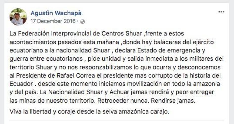 La publicación original de Agustín Wachapá en Facebook del 17 de diciembre de 2016
