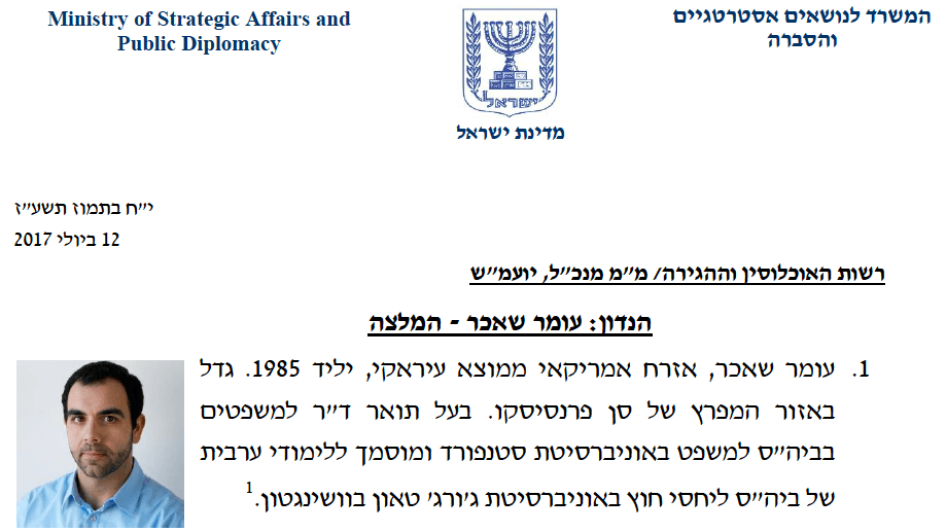 A dossier compiled by Israel’s Strategic Affairs and Public Diplomacy Ministry on the activities of Omar Shakir, Human Rights Watch’s Israel and Palestine Director, which served as the basis for the government’s May 7, 2018 decision to revoke his work vis