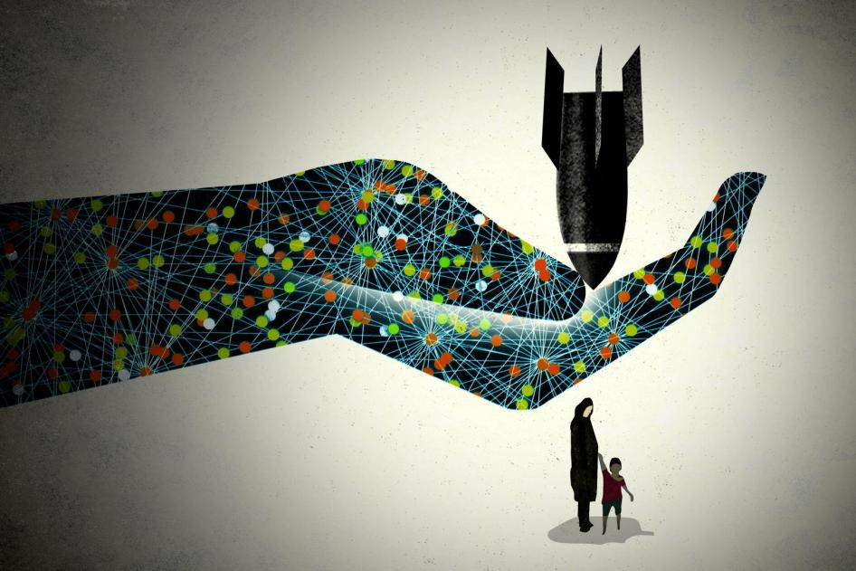 A graphic piece by Brian Stauffer depicting an outstretched hand catching a rocket in its palm while shielding a mother and a young boy beneath it.  