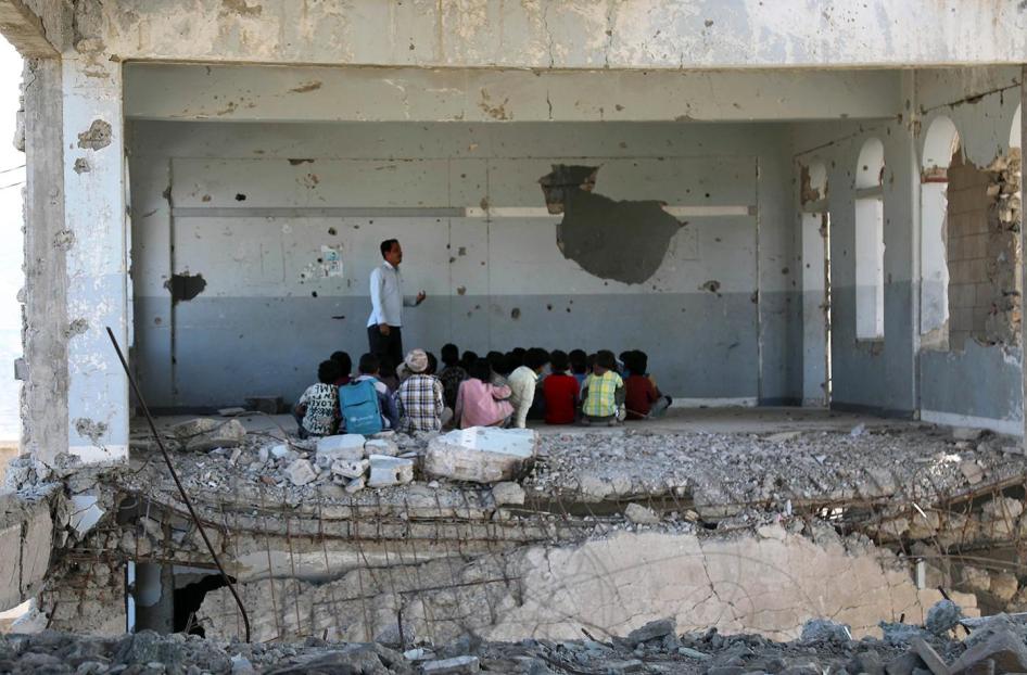 Children attending class on the first day of school. An airstrike damaged the school during fighting between Saudi-led coalition-backed Yemeni government forces and Houthi forces, Taizz, Yemen, September 3, 2019.