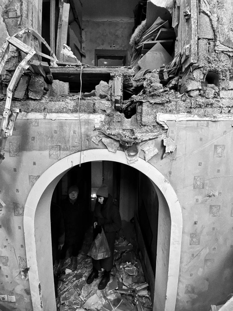 Damaged homes on Italyanskaya Street in Mariupol