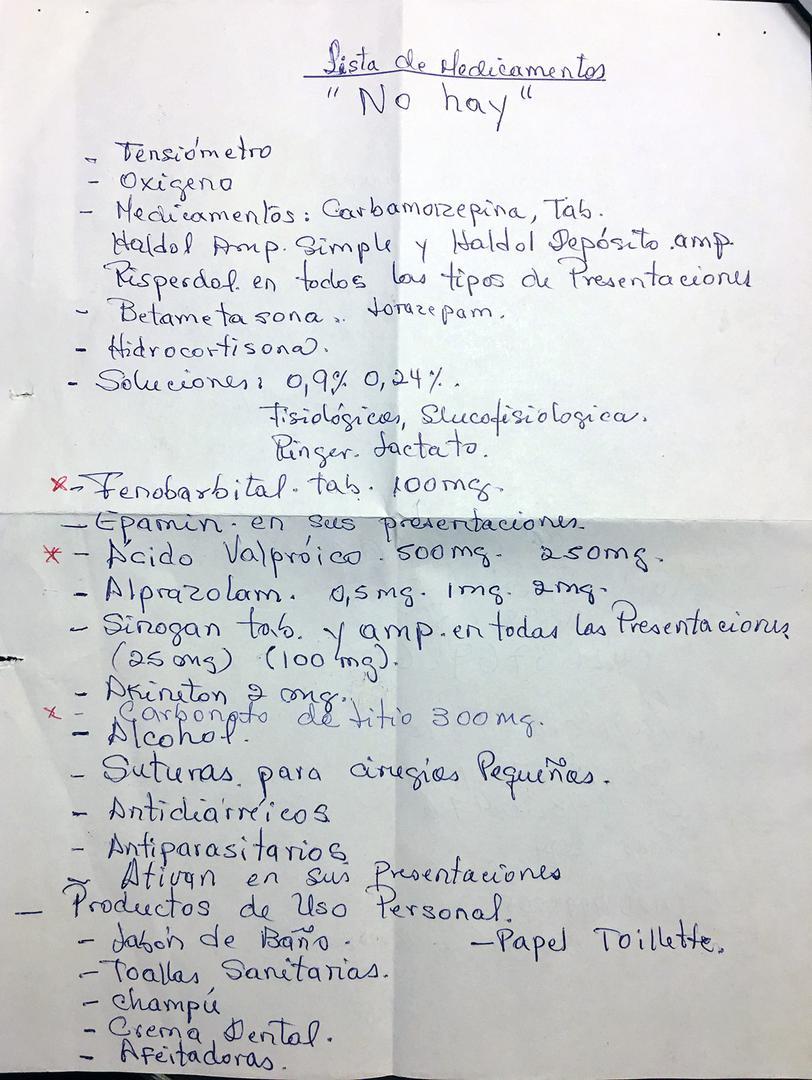 A nurse’s handwritten note lists medicines and supplies lacking at a psychiatric hospital in Trujillo State, June 2016. 
