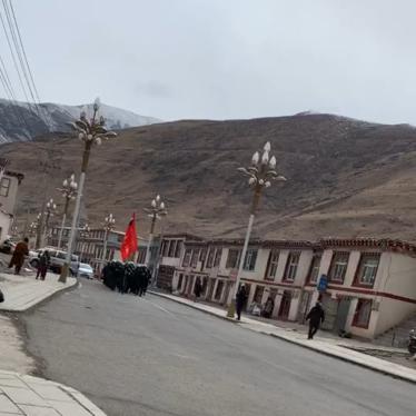 Screenshot of a video showing dozens of police and commandos parading through the town of Dza Wonpo, carrying a large red flag and shouting battle-cries.
