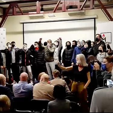 Intruders disrupting film screening at Memorial and yelling “get out of here” and “fascists. Moscow, October 14, 2021.