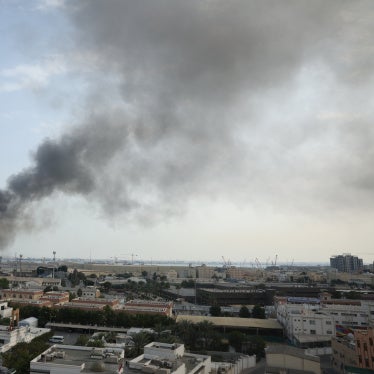 Smoke rises after Iran launched a missile attack targeting the headquarters of the US Navy Base in Manama, Bahrain about 3 mi/5 km away from Dry Dock Prison, February 28, 2026. 