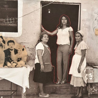 A portrait of Sandra R., a transgender woman, with two family members