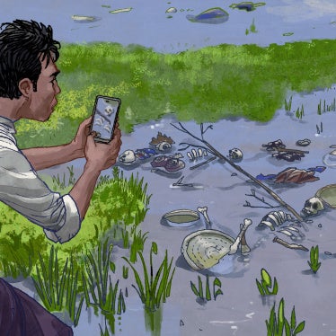 Illustration of a man taking photos of skeletal remains with his mobile phone