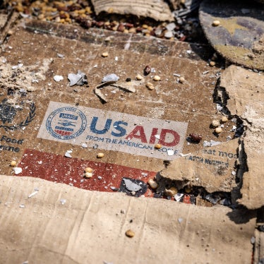 A USAID box amid materials left behind after widespread vandalism and looting following clashes at the World Food Programme warehouse in Bukavu, Democratic Republic of Congo, February 21, 2025.
