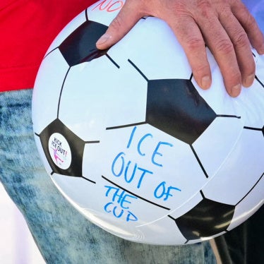 A ball with the message "ICE out of the Cup" on it.