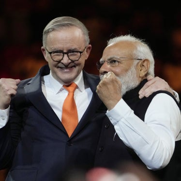 Australian Prime Minister Anthony Albanese (left) and Indian Prime Minister Narendra Modi  during an Indian community event at Qudos Bank Arena in Sydney, Australia, May 23, 2023.