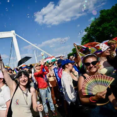 People attend the Budapest Pride March in Budapest, Hungary, June 27, 2026. 