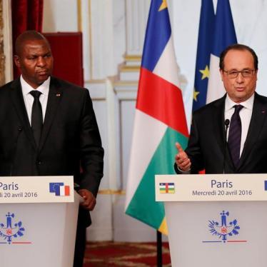 Central African Republic Faustin-Archange Touadera listens to French President Francois Hollande during a joint news conference at the Elysee Palace in Paris, France, April 20, 2016.