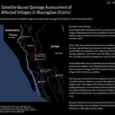 Human Rights Watch identified a total of 430 destroyed buildings in three villages of Maungdaw District from an analysis of very high resolution satellite imagery recorded on the mornings of October 22, November 3, and November 10, 2016. 