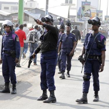 Riot police patrol a street in Goma, Democratic Republic of Congo, during nation-wide protests against a proposed change in the law that would delay elections, January 19, 2015.