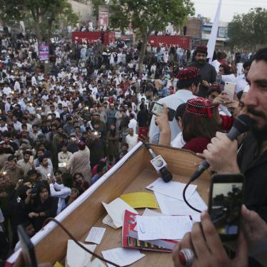Manzoor Pashteen, a leader of the Pashtun Tahafuz Movement (PTM), addresses supporters during a rally in Lahore, Pakistan, April 22, 2018.